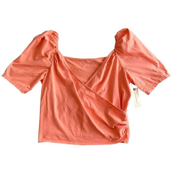 Anthropologie Coral Pink Puff Sleeve V-Neck Faux Wrap Crop Top NWT Size Small - Picture 2 of 6